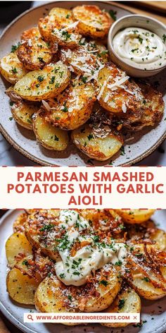 two plates filled with baked potato wedges covered in parmesan cheese and garnished with garlic