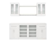 two white cabinets with glass doors and shelves