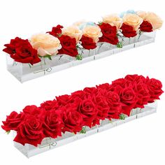 two clear vases filled with red and white roses