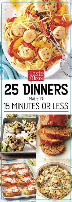 the cover of 25 dinners made in 15 minutes or less, with images of different dishes