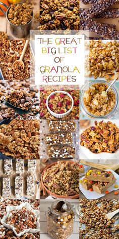 the great big list of grandma's granola recipes is featured in this post