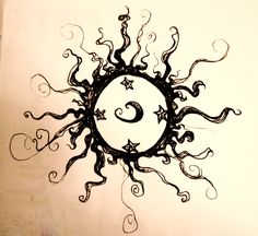 a drawing of a sun with the letter c in it's center surrounded by swirls and stars