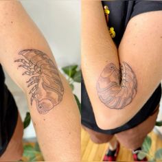 two pictures of people with tattoos on their arms, one has a lobster and the other has a fish