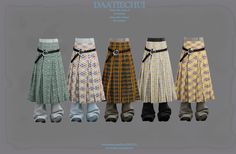 five different styles of skirts are shown in the same color and pattern as well as one is wearing socks