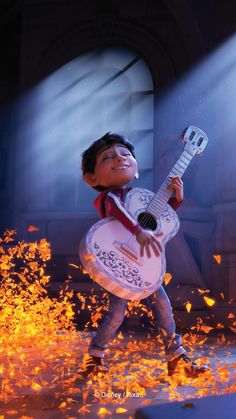 a cartoon character holding a guitar in front of fire