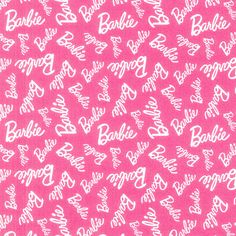 pink and white fabric with the word barbie written in large letters on it's side