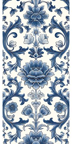 a blue and white wallpaper with flowers on it