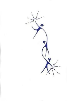 a blue and white drawing of a woman with stars on her head