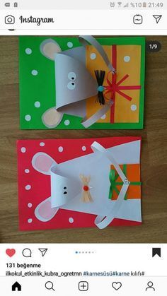 two cards with paper cut out to look like mice on them, one has a bow and the other is a bear