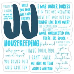 a sticker with the words house keeping in blue and white on top of it