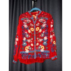 Johnny Was Edie Embroidered Button-Down Long Sleeve Blouse Size Xs Bohemian Red Tops With Buttons, Red Embroidered Long Sleeve Top For Fall, Red Bohemian Blouse With Buttons, Bohemian Red Button-up Top, Red Floral Embroidered Top, Red Long Sleeve Blouse With Floral Embroidery, Red Long Sleeve Top With Intricate Embroidery, Red Embroidered Long Sleeve Blouse, Fall Embroidered Red Blouse