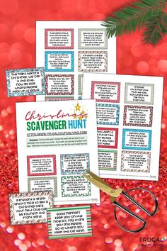 christmas scavenger hunt with scissors and red glitters in the background for kids to use