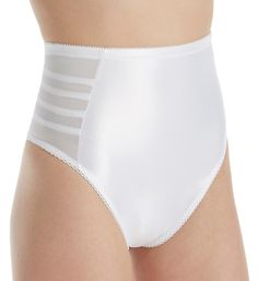 This thong shaper provides tummy control while allowing you to look natural. No one will know you're wearing shapewear, and there will be no panty line. Firm waist shaping bands cinch your waist. Enjoy the exceptional shaping effect of this garment. Waist cincher has four control shaper bands on each side that function as a waist nipper. Luxurious one-way stretch satin center front panel provides firm control. Sleek surface - clothes do not stick. Utilizes three different fabrics to create a sha White Shapewear With Medium Bust Support, Supportive Shapewear With Lined Body, White High Waist Smoothing Shapewear, White High-waist Smoothing Shapewear, White Stretch Shapewear With Underwire, White Full Coverage Supportive Shapewear, Supportive White Full Coverage Shapewear, White Fitted Shapewear Briefs, Fitted High-cut Leg Shapewear With Moderate Coverage