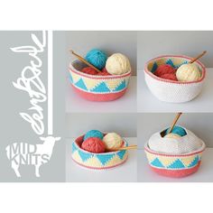 four pictures of different bowls with balls of yarn and crochet knitting needles in them