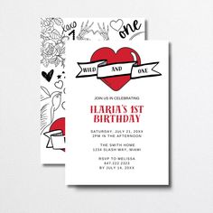 two valentine's day party cards with hearts and ribbons on the front, one is red