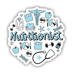 sticker with the words nutritious surrounded by various medical items and symbols in blue