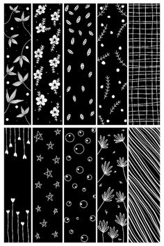 six different black and white patterns with flowers, leaves and stars on them are shown