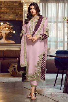 Buy Pink Embroidered With Embellished Georgette Pant Suit Set Online - KARMAPLACE Luxury Resham Embroidery Unstitched Party Suit, Luxury Multicolor Embroidered Georgette Unstitched Suit, Luxury Georgette Pant Set With Zari Work, Luxury Pink Palazzo Set With Dabka, Luxury Unstitched Floor-length Suit With Zari Work, Luxury Floor-length Palazzo Set With Dabka Work, Luxury Floor-length Georgette Unstitched Suit, Luxury Pink Pant Set With Zari Work, Luxury Pink Pants For Eid