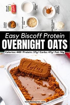 easy biscuit protein overnight oats recipe in a baking dish with ingredients on the side