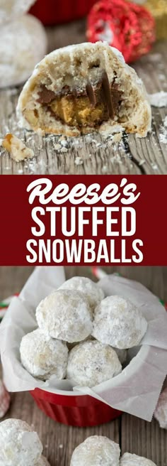 several different pictures of desserts with the words reese's stuffed snowballs on them