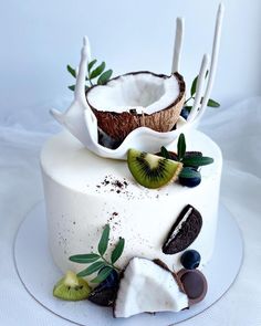 a white cake topped with kiwi slices and leaves