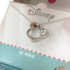 Disney Be Mine Mouse Ears Silver Plated Necklace Disney Silver Jewelry For Valentine's Day, Disney Style Silver Jewelry For Valentine's Day, Silver Disney Jewelry For Valentine's Day, Disney Heart Shaped Jewelry Gift, Disney Heart-shaped Jewelry Gift, Mine Mouse, Jewelry Clothes, Disney Handbags, Disney Jewelry