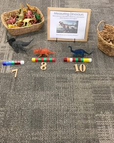 some toys are laying out on the floor next to a sign that says measuring dinosaurs