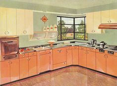 an old fashioned kitchen with orange cabinets and wood flooring is featured in this painting