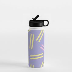 a purple and yellow water bottle with a black lid on a white background, it is designed to look like an ice cream cone