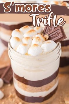 s'mores trifle in a jar with marshmallows on top