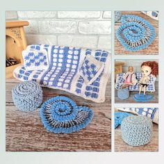 crocheted blue and white items displayed on wooden table