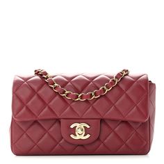 This is an authentic CHANEL Lambskin Quilted Mini Rectangular Flap in Burgundy. This chic petite mini bag is crafted of lambskin quilted leather in burgundy. It features a long polished gold chain link leather threaded shoulder strap and a polished gold CC turn lock. The front flap opens to a burgundy leather interior with zipper and patch pockets. Chanel Burgundy Bag, Classic Red Quilted Shoulder Bag, Red Quilted Shoulder Bag For Formal Occasions, Red Quilted Shoulder Bag For Formal Events, Formal Red Quilted Shoulder Bag, Women Style 2023, Small Leather Handbags, Women Bags Fashion Handbags, Chanel Mini Rectangular