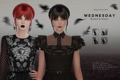 two women with red hair and black dress are standing in front of a grey background