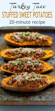 stuffed sweet potatoes on a baking sheet with the words turkey taco stuffed sweet potatoes