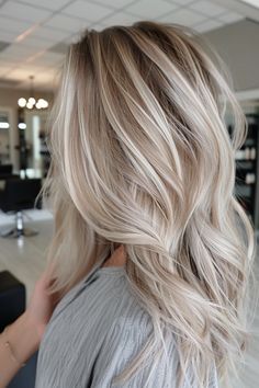 Icy Blonde Baylage, Champagne Blonde With Lowlights, Blonde Balayage With Root Tap, Blond With Shadow Root Ash, Straight Blonde Balayage Hair, October Blonde Hair, Full Head Of Lowlights On Blonde Hair, Transition Out Of Platinum Hair, Natural Looking Platinum Blonde