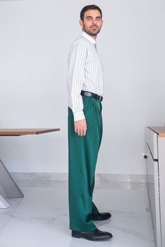 Men Argentine Tango pants, Men latin dance pants, Forest green men pants, Men wide formal pants, Men wedding guest pants, Men trousers conSignore Men's Forest Green Crepe Satin Tango Pants Bright but yet classic design of these tango pants is a good choice for all tango events. A timeless choice that pairs well with an array of shirts and vests. These tango trousers have been tailored for argentine tango dancers. The pants feature a moderate wide-leg fit that allows ease of movement and knee ben Elegant Green Wide Leg Pants, Elegant Green Long Pants, Green Wide-leg Pants For Formal Occasions, Formal Green Wide-leg Bottoms, Formal Green Wide Leg Bottoms, Formal Green Ankle-length Wide Leg Pants, Green Wide Leg Formal Bottoms, Green Ankle-length Wide Leg Pants For Formal Occasions, Formal Fitted Green Pants