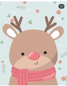 a cartoon deer wearing a scarf with flowers in the background