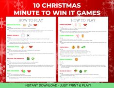 10 fun Christmas Minute to Win It game ideas with supply list & a score sheet for the whole family or classroom! WHAT YOU GET * Ready to Print High-Quality Instant Digital Download! * 10 Printable Game Ideas * Supply List * Score Sheet * 2 File Types: PDF & JPG * Letter Size: 8.5 x 11 inches HOW TO DOWNLOAD To access your digital files from your account: * Sign in to Etsy.com & go to Your Account * Go to Purchases and Reviews * Next to the order, select Download Files. This goes to your Download Christmas Themed Minute To Win It Games, Min It To Win It Games, Christmas Olympic Games, Mystery Drink Challenge, Minute To Win It Christmas Games, Christmas Day Ideas, Christmas Minute To Win It Games, Minute To Win It Games For Kids, Minute To Win It Games For Adults