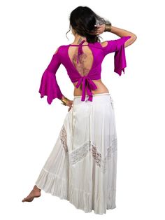 Open Back and Cold Shoulder Crop Belly Dance Top for Woman with Boho-Hippie Flare Bell Sleeves| Women's Tribal Open Shoulder Backless Blouse. Pink hippie-boho backless and cold shoulder crop top for women, with flare bell sleeves.Open shoulder belly shirt for woman, which would be a wonderful addition to your blouses collection, great for Bellydance, ATS, Tribal Fusion, oriental and Latin Dances and also a great gift. Rasta Hair, Curly Hair Model, Hippie Mode, Cold Shoulder Crop Top, Belly Shirts, Backless Blouse, Dance Tops, Mode Boho, Shoulder Crop Top