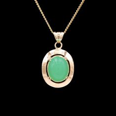 A vintage 14k yellow gold Chrysoprase pendant necklace. SN1284 Weight 3.10 grams (Inclusive of all materials) Chrysoprase (1) Oval Cabochon Stone Measurement: 10.00 x 7.70 mm White Sapphire Ring, Station Necklace, Sapphire Earrings, Yellow Gold Earring, White Sapphire, Oval Cabochon, Cultured Pearls, Cincinnati, Pendant Necklaces