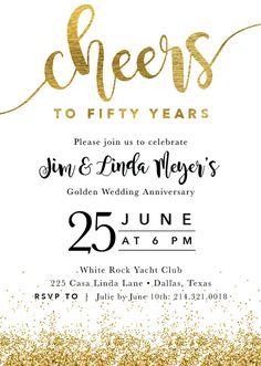 a gold and white wedding anniversary party with the words cheers to fifty years on it