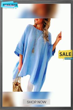 Large Size Women's Solid Color Cotton Linen Short T Loose Short Sleeve Dress Solid Color Half Sleeve Dress For Beach, Spring Tunic Dress In Solid Color, Spring Solid Color Tunic Dress, Casual Summer Tunic For Daywear, Casual Blue Beach Tunic, Casual Half Sleeve Tunic For Spring, Blue Relaxed Fit Summer Tunic, Oversized Solid Color Vacation Dresses, Oversized Solid Color Dress For Vacation