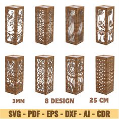 six wooden boxes with designs on them and the words svg - df's eps