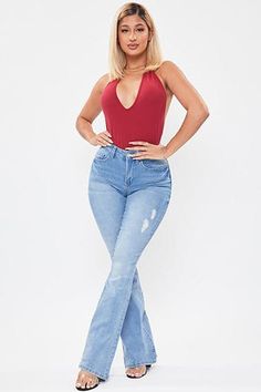 Women's Essential Flare Jeans - Regular Ripped Fitted Flare Jeans, Stretch Ripped Flare Jeans, Chic Ripped Stretch Flare Jeans, Ripped Flare Full Length Jeans, Fitted Flare Ripped Bottoms, Ripped Fitted Flare Jeans For Summer, Chic Stretch Ripped Flare Jeans, Summer Ripped Fitted Flare Jeans, Ripped Stretch Flare Jeans For Summer