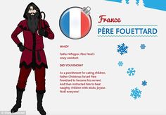 a man dressed in red and black standing next to snowflakes with the french flag on it