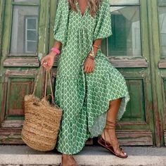 Boho Bohemian Flowing Casual V-Neck Green Maxi Dress. New, No Tag. This Item Participates In The 2 Items For $30 Sale. To Find All Participating Items, Click The Lotus-Sale Style Tag In This Listing. Made Of Synthetic Material Size Xl Measurements: Bust:44.09" Waist:43.31" Shoulder:15.75" Sleeve Length:20.87" Length:53.15" Stylish Maxi Dress, Full Maxi Skirt, Bohemian Print, Tiered Midi Dress, Boho Print, Polyester Dress, Bohemian Dress, Types Of Dresses, Printed Maxi