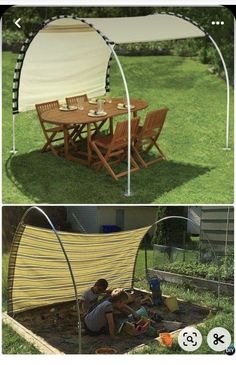 an outdoor dining area with a table and chairs in the grass next to a large awning