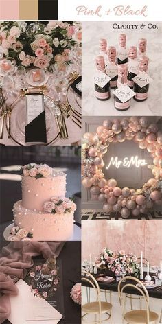 pink and black wedding color palettes with gold, silver, and white accents for the bride's table