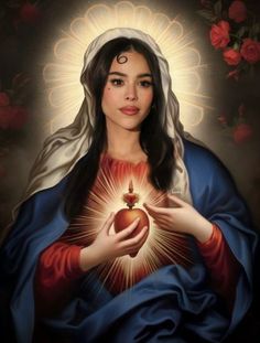 the immaculate mary holding an apple in her hands