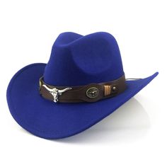 Blue Western Cowboy, Cowgirl Hat, Bull Horns Strap, Men Women Retro Wide Brim Blue Short Brim Felt Hat For Fall, Blue Country Hat With Short Brim, Blue Country Fedora Hat, Blue Hats For Outdoor Fall Activities, Casual Blue Hats For Rodeo, Blue Fedora Country Style Hat, Blue Fedora For Country Events, Blue Wide Brim Felt Hat For Fall, Blue Country Style Fedora Hat